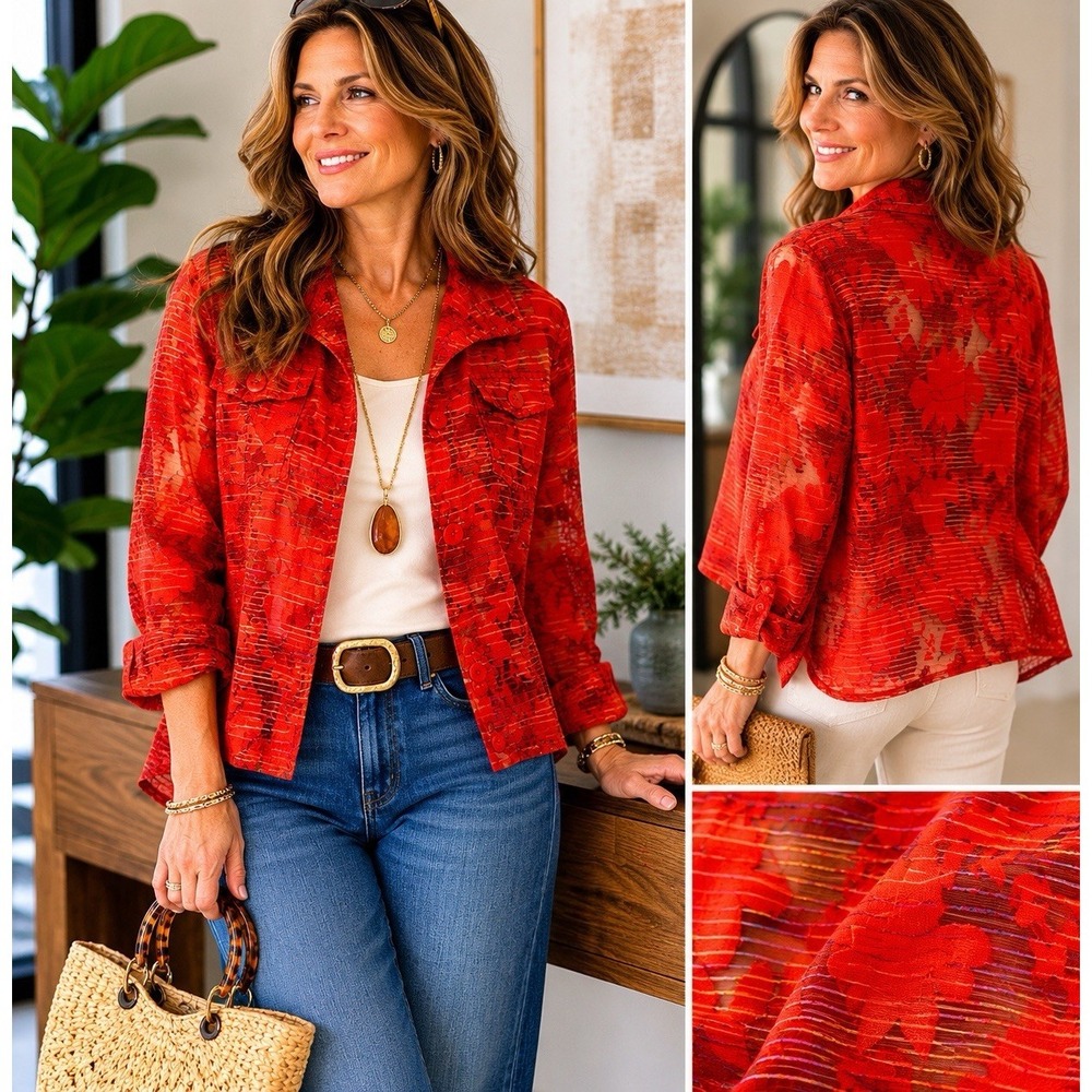 Peck In Peck Weekend Sheer Floral Burnout Open Front Jacket Topper‎ M